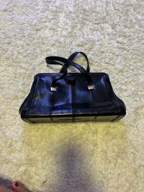 Vintage 1960s Black Leather Frame Handbag with Gold-Tone Clasp